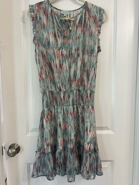 Veronica M Womens Short Sleeve Mini Dress Ruffled Hem and Sleeves Size Large